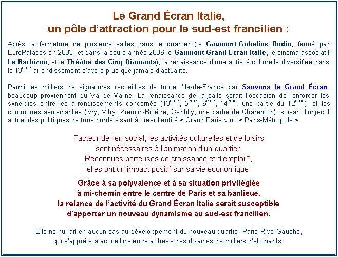 Zone de Texte: Le Grand cran Italie,
un ple dattraction pour le sud-est francilien :
Aprs la fermeture de plusieurs salles dans le quartier (le Gaumont-Gobelins Rodin, ferm par EuroPalaces en 2003, et dans la seule anne 2006 le Gaumont Grand Ecran Italie, le cinma associatif Le Barbizon, et le Thtre des Cinq-Diamants), la renaissance dune activit culturelle diversifie dans le 13me arrondissement savre plus que jamais dactualit.
Parmi les milliers de signatures recueillies de toute lIle-de-France par Sauvons le Grand cran, beaucoup proviennent du Val-de-Marne. La renaissance de la salle serait loccasion de renforcer les synergies entre les arrondissements concerns (13me, 5me, 6me, 14me, une partie du 12me), et les communes avoisinantes (Ivry, Vitry, Kremlin-Bictre, Gentilly, une partie de Charenton), suivant lobjectif actuel des politiques de tous bords visant  crer lentit  Grand Paris  ou  Paris-Mtropole .
Facteur de lien social, les activits culturelles et de loisirs
sont ncessaires  lanimation dun quartier.
Reconnues porteuses de croissance et demploi *,
elles ont un impact positif sur sa vie conomique.
Grce  sa polyvalence et  sa situation privilgie
 mi-chemin entre le centre de Paris et sa banlieue,
la relance de lactivit du Grand cran Italie serait susceptible
dapporter un nouveau dynamisme au sud-est francilien.
Elle ne nuirait en aucun cas au dveloppement du nouveau quartier Paris-Rive-Gauche,
qui sapprte  accueillir - entre autres - des dizaines de milliers dtudiants.


